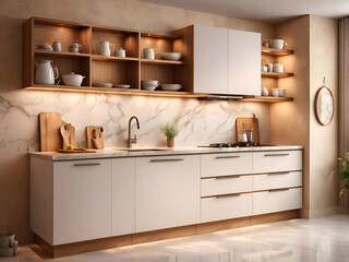 Luxury home kitchen interior with wooden cooking cabinet, sink and kitchenware on counter. Mock up canvas poster on beige wall in modern apartment. 3D rendering