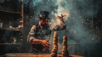 Magician Performing with Stacked Coins in Smoky Room