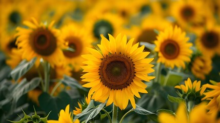 Fototapeta premium a vast field of sunflowers under a bright summer sky. sunflower field in summer, floral and botanical, beautiful nature landscape
