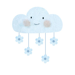 Illustration of a cloud with flowers painted in watercolor on a white background