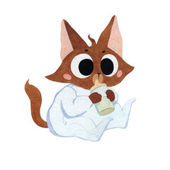 Watercolor illustration with a cute kitten in a romper and a baby milk bottle