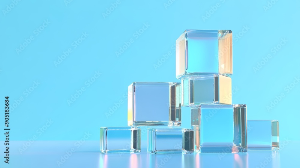 Aufkleber abstract acrylic blocks on a blue surface with space for copy, visionary tech design generative ai