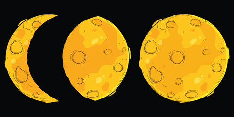 Phases of the yellow moon, waxing moon, full moon, waning moon. Colorful vector isolated illustration hand drawn. Astrological cycle of change, solar or lunar eclipse.