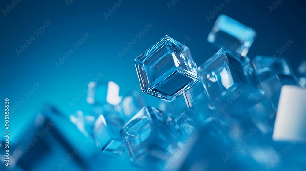 Aufkleber abstract acrylic blocks on a blue surface with space for copy, visionary tech design generative ai