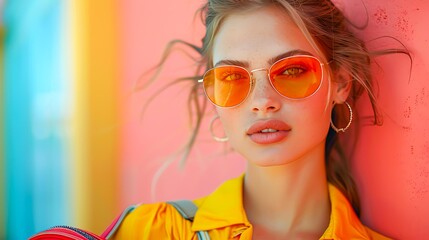A young woman in orange sunglasses and a yellow shirt stands against a colorful background, perfect for summer fashion or lifestyle magazines,