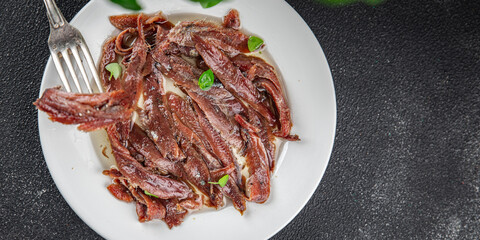 anchovies canned fish in oil fresh and tasty seafood meal food snack on the table copy space food background rustic top view 