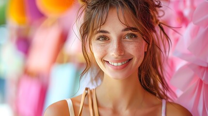 Fototapeta premium A cheerful young woman with freckles is smiling in front of a colorful background, ideal for marketing, lifestyle blogs, or social media content promoting positivity and festivals,