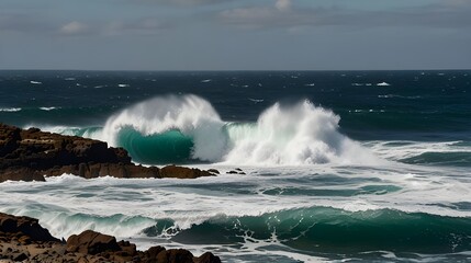 Waves crashing against a rugged coastline
