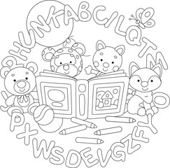 Funny cartoony baby toys with an open book surrounded by letters of alphabet, black and white vector illustration for a coloring book