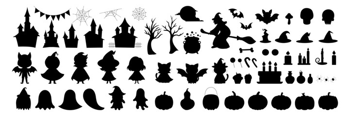 Fototapeta premium A collection of Halloween-themed silhouettes, including witches, pumpkins, and other spooky figures