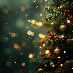 Christmas tree with golden baubles and berries. Bokeh effect on green background. Holiday season. Design for greeting cards and posters. Closeup view with copy space