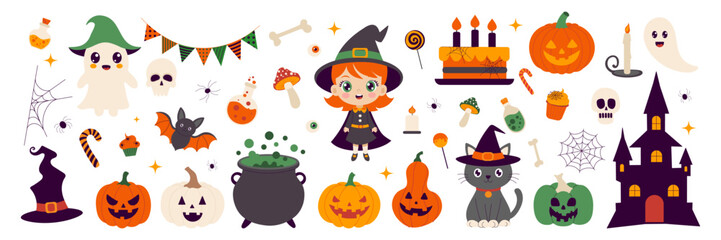 Halloween themed cartoon characters and objects. A girl in a witch costume is surrounded by pumpkins, skulls, and other Halloween decorations