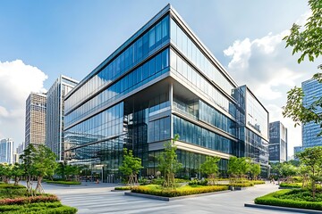 Obraz premium A sleek, modern office building with a facade of reflective glass and steel, surrounded by meticulously landscaped gardens and a busy plaza