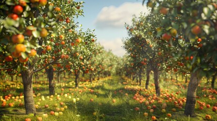 Apple and pear trees on warm autumn day Harvesting ripe fruits in an apple orchard Growing own fruits and vegetables in a homestead Gardening and lifestyle of self sufficiency