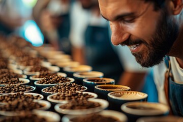 Person examining cups of coffee. Close-up of a person inspecting taste of coffee