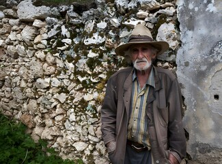 Old Man in a Hat Standing by a Stone Wall