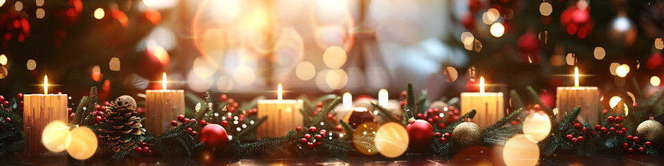 Festive candles and baubles with pine branches and berries. Bokeh effect and warm lighting. Christmas celebration. Design for banners and greeting cards. Horizontal view with copy space