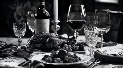 a thanksgiving dinner with an elegant display on the table, in the style of a travel poster, in the style Cinematographic Photography, black and white photo, elegance, glamour, hyper-detailed photo, h