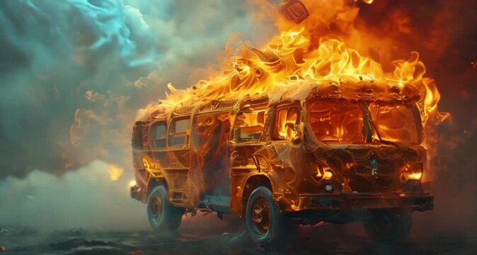 fire truck in the night colorful lights HD resolution with hyper realistic 4K Background.