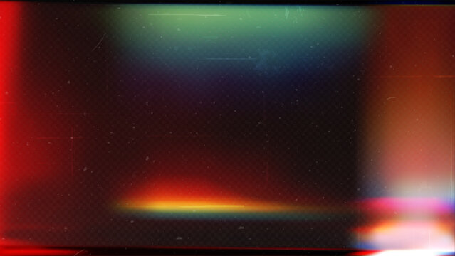 Old film light leaks texture with scratches, noise, iridescent stripes. Rainbow lens flare effect, camera film filter with bokeh, dust, grain. Distressed retro movie, photo burn effect. 3D vector bg