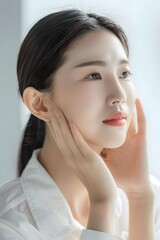 Beautiful Asian Woman in White Shirt with Hands on Her Face Looking Away