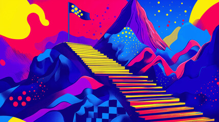 Pop art concept Leadership and goal. Ladder of success and flag isolated colorful background. Success on a challenging and competitive path	