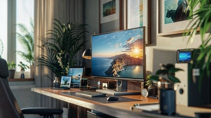 modern home office setup with essential tech gadgets and a professional ambiance, reflecting the trend of remote work , in the style of a decoration magazine, full of light, elegance, glamour, hyper-d