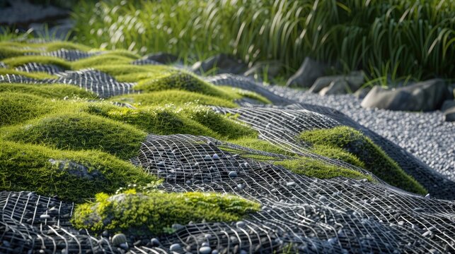 gravel mesh to strengthen the soil and gravel on the slope green grass grown through plastic mesh cells on the slope near the river bank