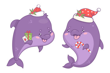 Cute Christmas dolphins in Santa hat with gift and striped candy cane. Isolated New Year underwater holiday cartoon kawaii character animals. Vector illustration. Kids collection
