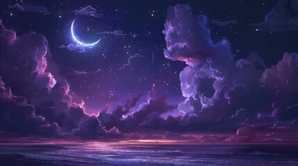 Night sky with storm clouds, lightning, stars, and a serene crescent moon above a glowing horizon.