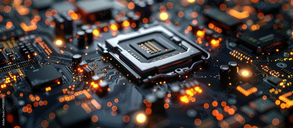 Poster closeup of a computer motherboard with glowing components
