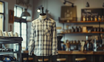 Obraz premium gray and white checkered shirt on display in coffee shop with professional lighting and color grading