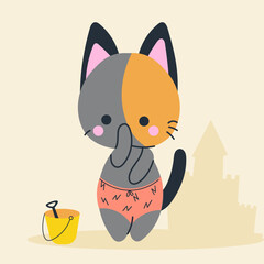 Cute kawaii cat on beach in cartoon, flat, doodle, simple style. Design element for posters, postcards, greeting cards, wallpapers, children's clothes, fabrics, t-shirts, logos