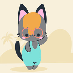 Cute kawaii cat on beach in cartoon, flat, doodle, simple style. Design element for posters, postcards, greeting cards, wallpapers, children's clothes, fabrics, t-shirts, logos