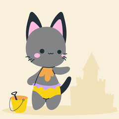 Cute kawaii cat on beach in cartoon, flat, doodle, simple style. Design element for posters, postcards, greeting cards, wallpapers, children's clothes, fabrics, t-shirts, logos