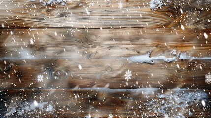 Old wooden board with snow flakes Christmas background