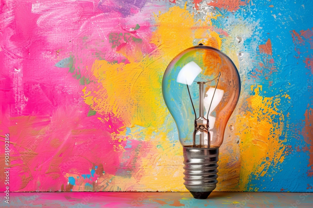 Poster artistic depiction of a light bulb blending with colorful abstract backgrounds, representing creativ