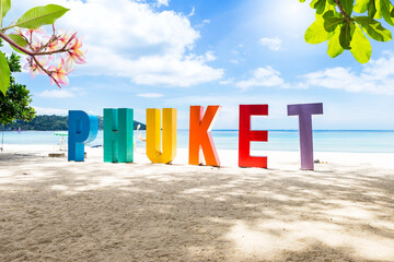 Phuket sign on the tropical beach in south of Thailand, Holiday destination, Patong beach, summer...