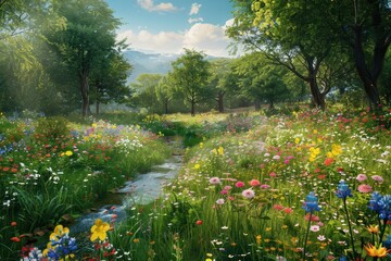 Fototapeta premium Sunny Meadow with a Stream Flowing Through it