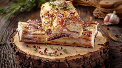 Overhead closeup view of large beef bone marrow chopped on half on wooden stump