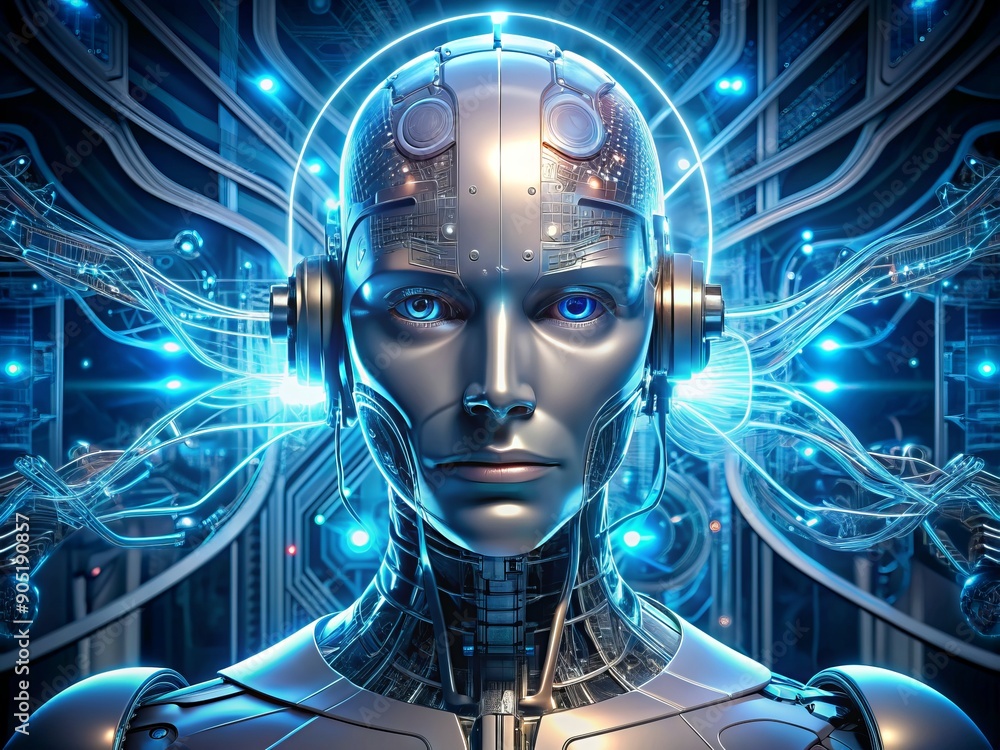 Aufkleber a sleek, silver, futuristic robotic head with glowing blue circuits and wires, surrounded by coding 