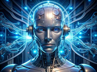 A sleek, silver, futuristic robotic head with glowing blue circuits and wires, surrounded by coding screens and neon lights, exuding intelligence and innovation.