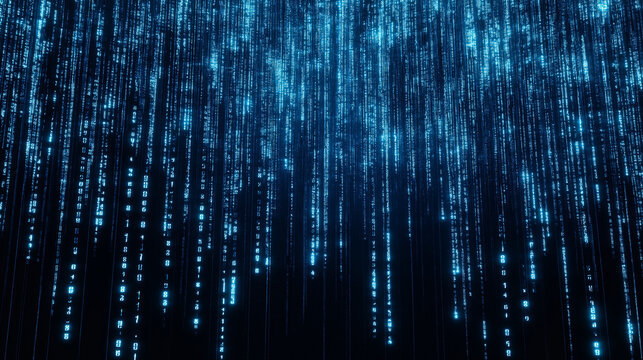 A digital matrix of binary numbers, predominantly in shades of blue. The numbers range from 0 to 1, and they are arranged in a cascading manner, giving an impression of data flow or a digital stream. 