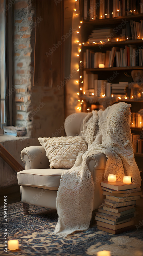 Poster a cozy armchair draped with a knitted blanket sits beside a stack of books and glowing candles, crea