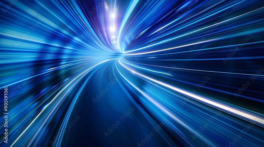 Poster abstract blue light speed background with motion blur and glowing lines, futuristic technology conce