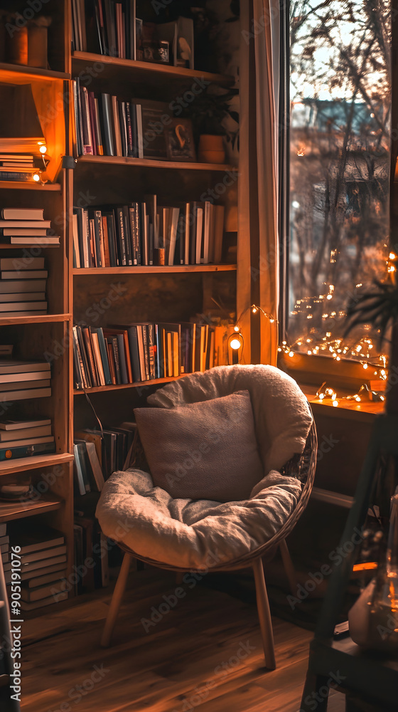 Poster a cozy and inviting reading nook features a plush armchair beside a large window adorned with warm f