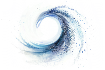 abstract with a wavy circle made from digital pixels, suggesting a connection to technology, on a white background