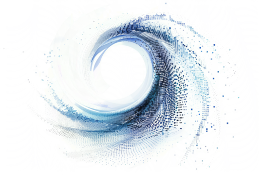 abstract with a wavy circle made from digital pixels, suggesting a connection to technology, on a white background
