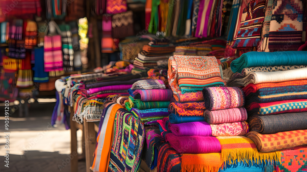 Poster vibrant textiles display colorful patterns and intricate designs at a market stall, inviting shopper