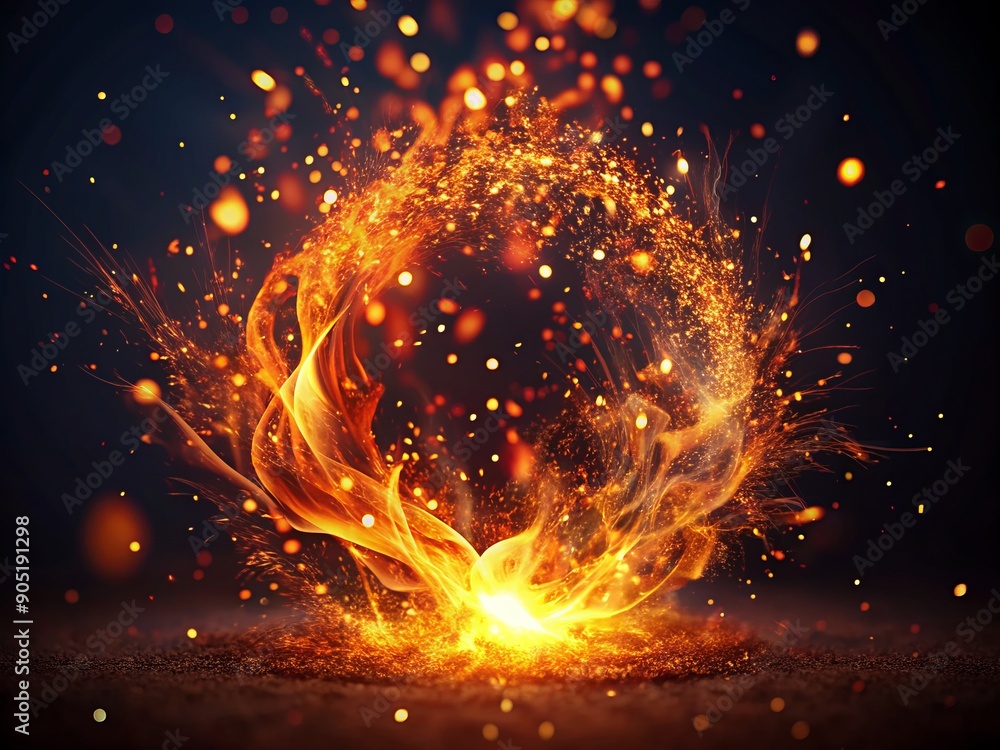 Poster Vibrant abstract fire particles float and swirl on a dark background, ember sparks flying upwards, creating a mesmerizing animation for video editing and creative flame concepts.